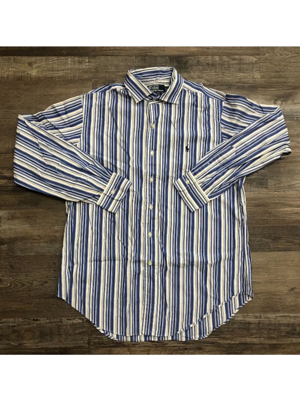 Vintage Polo Ralph Lauren Mens Large Blue Striped Stanton Classic Button Up Shir